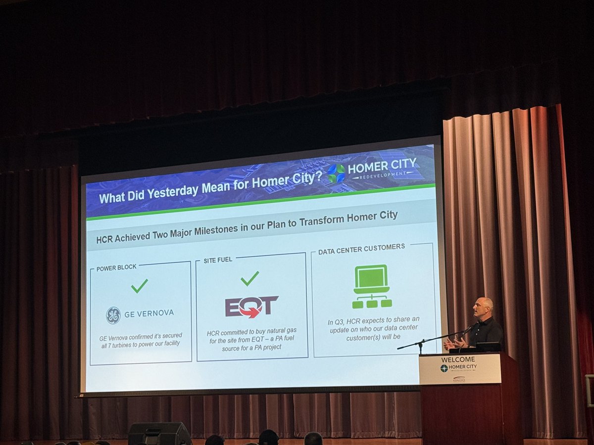 Dave Brocious (@dbrocious) on Twitter photo Sitting at a packed auditorium of 600 + for the <a href="/HCRLLC/">Homer City Redevelopment</a> first open house presentation about the $10B + mega projects bringing the largest natural gas power plant and data centers to Homer City, Pa in the heart of Western Pa.
Great presentation by CEO Corey Hessen and by VP of Sitting at a packed auditorium of 600 + for the <a href="/HCRLLC/">Homer City Redevelopment</a> first open house presentation about the $10B + mega projects bringing the largest natural gas power plant and data centers to Homer City, Pa in the heart of Western Pa.
Great presentation by CEO Corey Hessen and by VP of