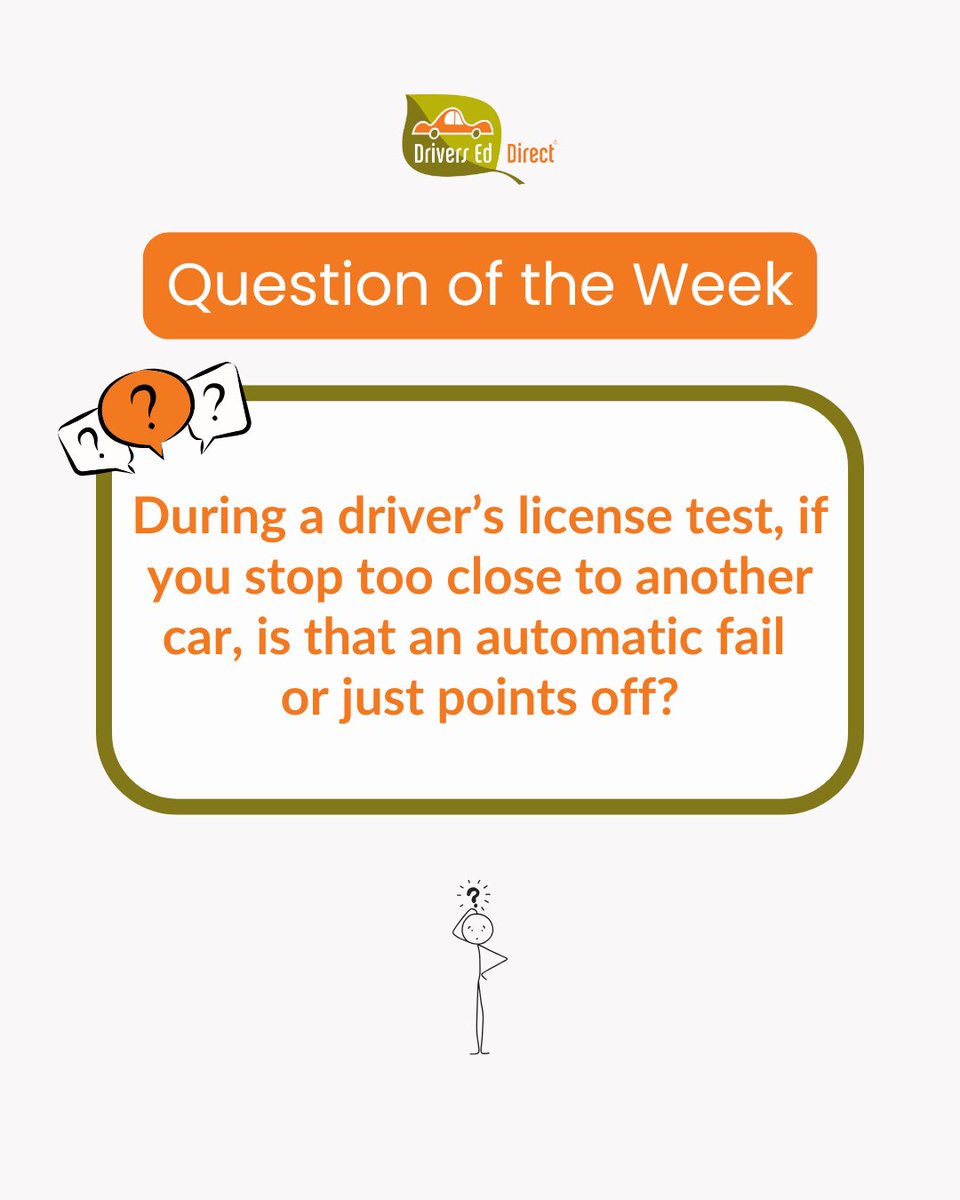 DriversEdDirect's tweet image. ❓Question of the Week
Usually, it’s just a point off—but stop too late or dangerously close, and it could mean a fail.

✅Stop far enough back to see the car ahead’s tires touching the ground.
💡Aim for a smooth stop with safe space.

#DriversEdDirect #DrivingTest #DrivingSchool