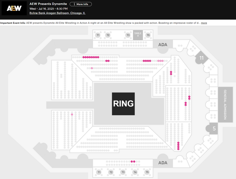 WrestleTix's tweet image. AEW Dynamite
Wed • Jul 16 • 6:30 PM
Byline Bank Aragon Ballroom, Chicago, IL

Available Tickets: 0
Current Setup: 1,144
Tickets Distributed: 1,144

📺 Tonight&apos;s TV
🧨 Sold out
🔢 Total # of seats on map: 1,144
⏮ Chicago Residency Show #1
💰 Resale: 31