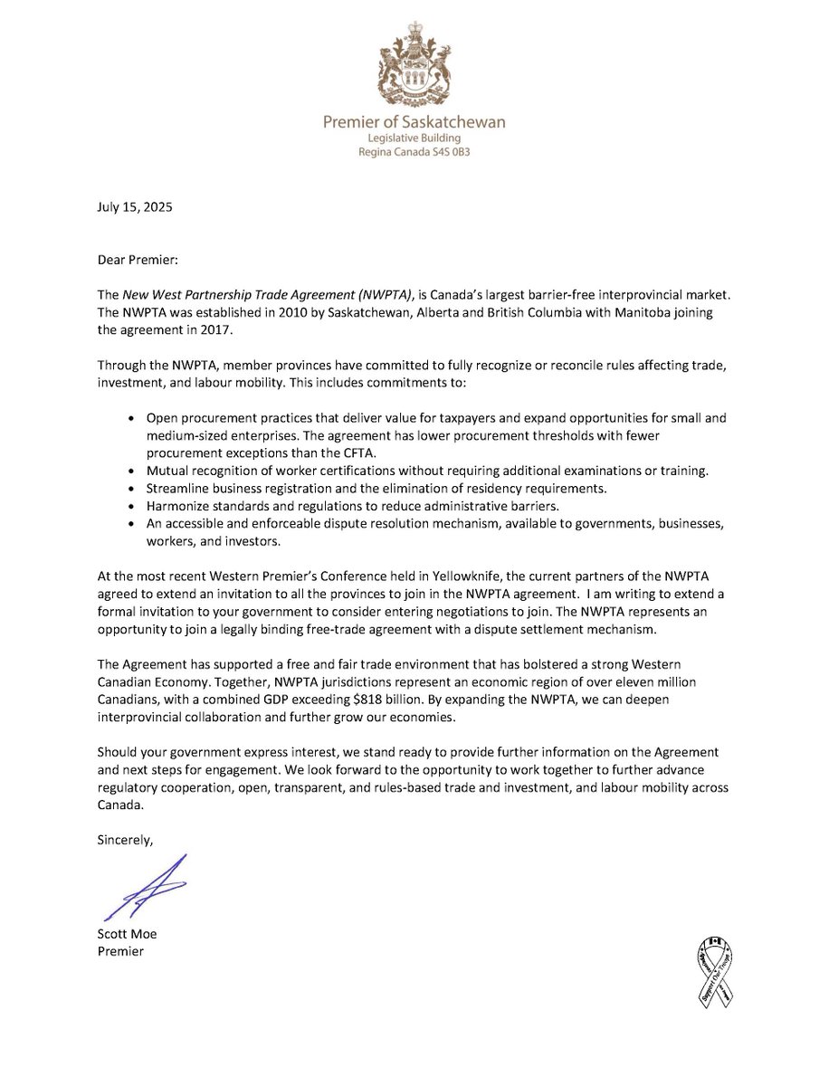 PremierScottMoe's tweet image. While we continue to work toward free and fair trade with the US, China and all our other trading partners, we can start right here at home by ensuring free and fair trade between all Canadian provinces and territories.
The western provinces already have a strong trade agreement…