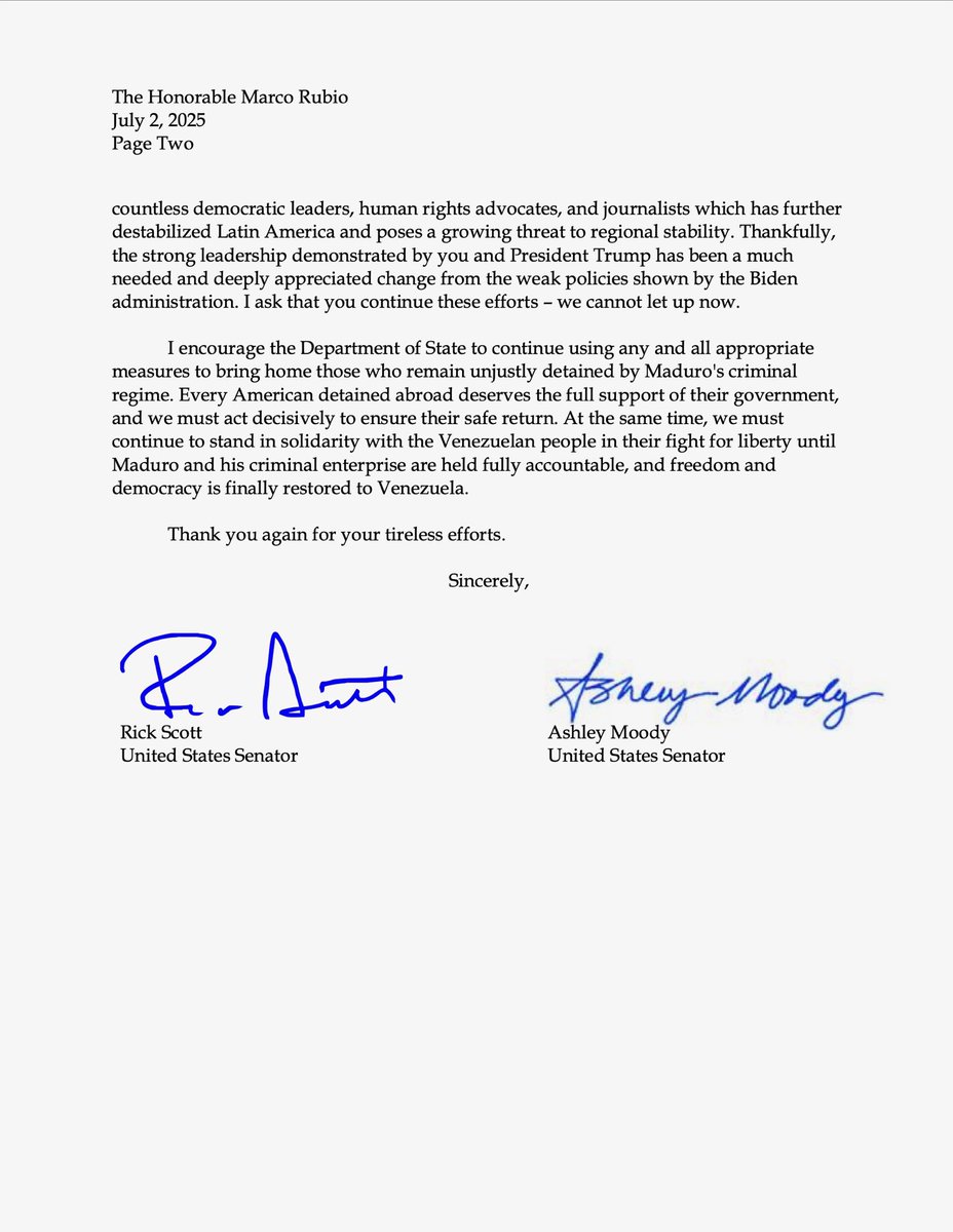 SenAshleyMoody's tweet image. The State Department reported that right now, more U.S. nationals are wrongfully detained in Venezuela than any other country in the world.
That’s why I, along with @SenRickScott, urged @POTUS and @SecRubio to keep maximum pressure on Maduro’s regime. Bringing our people home…