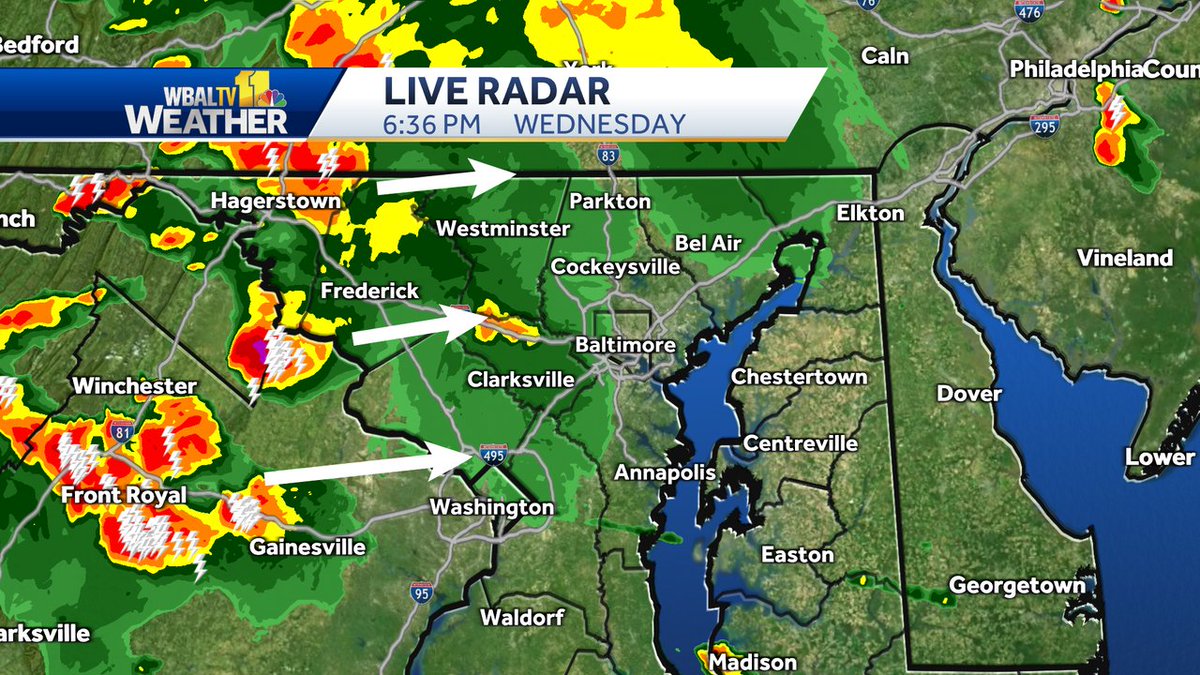 Radar Update (6:35 PM): Storms are moving towards the Baltimore Metro from the West. Best chance for storms, and locally heavy rain, is Now through 11 PM tonight.