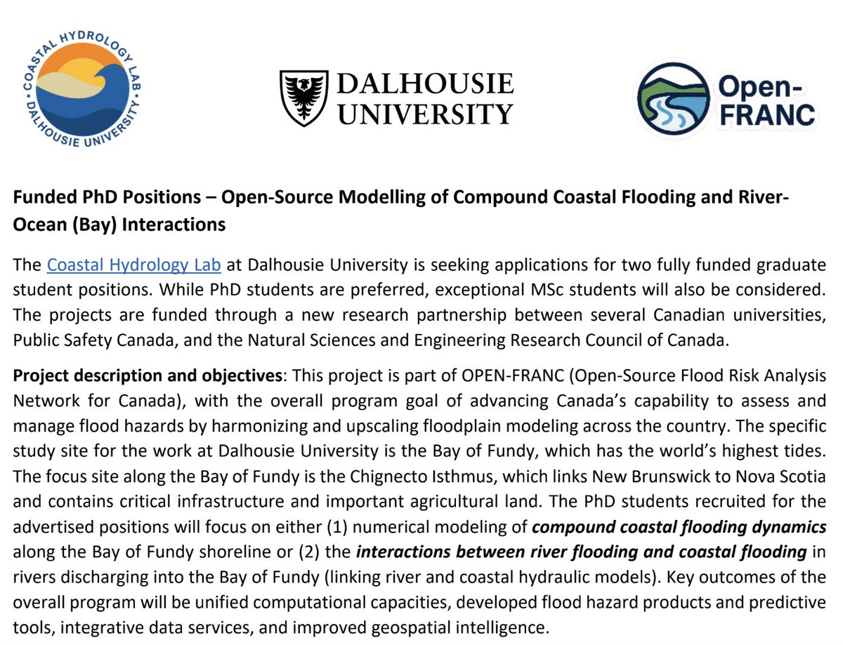 DalHydro's tweet image. 2x new PhD positions available in our group with a focus on numerical hydrodynamic modeling of coastal flooding or compound flooding in hypertidal coastal rivers. Details, including how to apply, can be found here -> drive.google.com/file/d/1Ct6j-L…