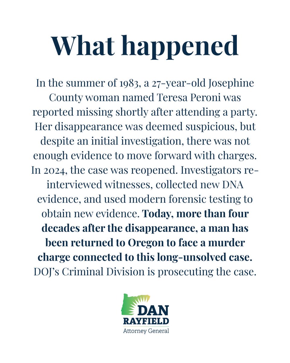 AGDanRayfield's tweet image. BREAKING NEWS: Oregon DOJ prosecuting 1983 murder case; murder suspect extradited to Josephine County and arraigned in court today.
#orpol