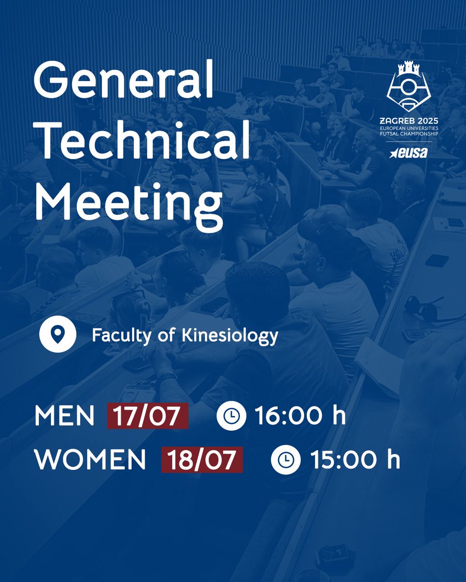 📋 General Technical Meeting (GTM)

✅ Mandatory for heads of delegation
📍Faculty of Kinesiology, Zagreb

🕓 Men’s GTM: July 17 at 16:00
🕒 Women’s GTM: July 18 at 15:00

#EUSAFutsal #Zagreb2025 #GTM #UniSport