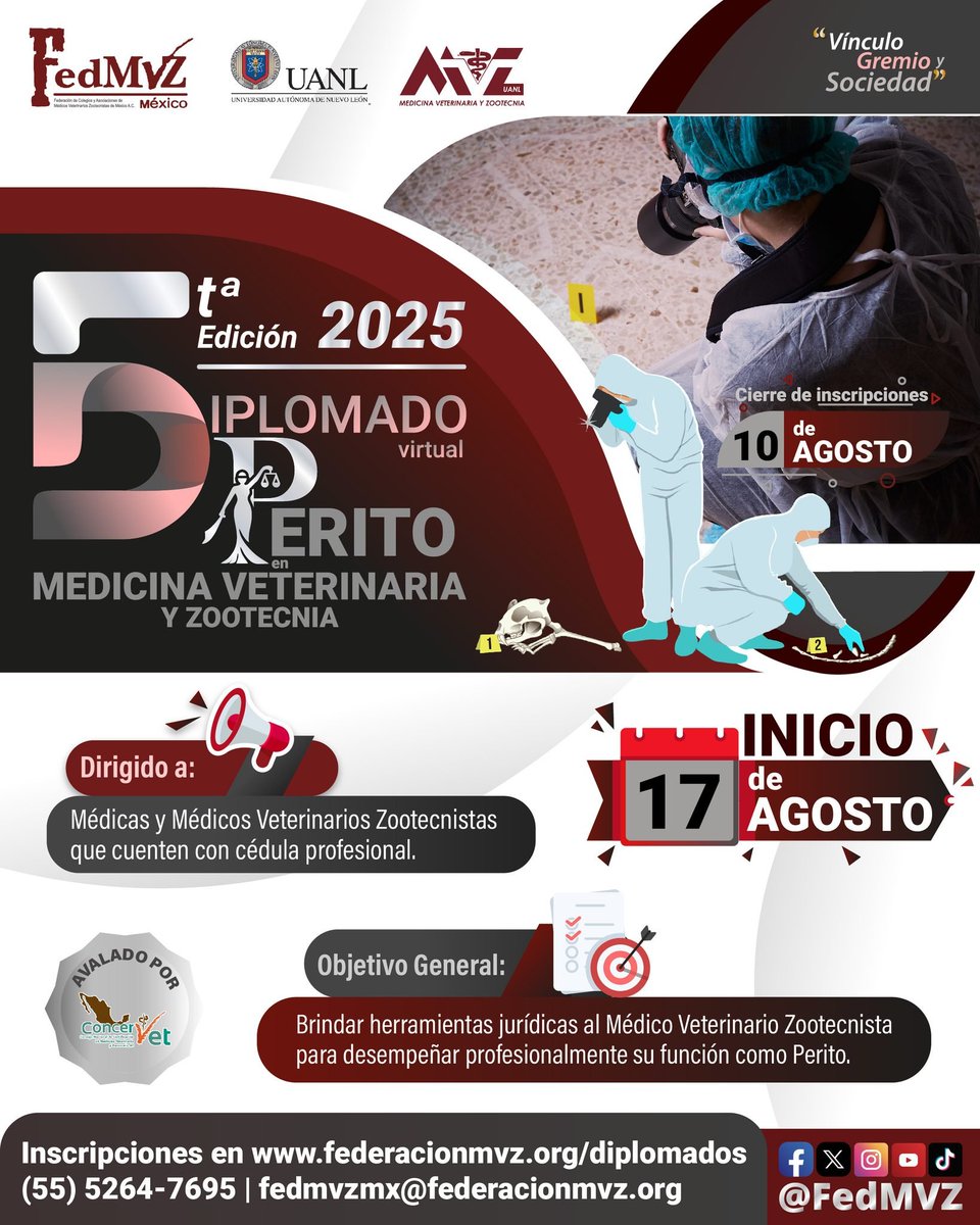 ¡Ya está aquí la 5ª edición del Diplomado Virtual Perito en Medicina Veterinaria y Zootecnia!📷

La FedMVZ se complace en invitar a todas y todos los Médicos Veterinarios Zootecnistas a formar parte de este diplomado especializado, diseñado para brindar conocimientos y