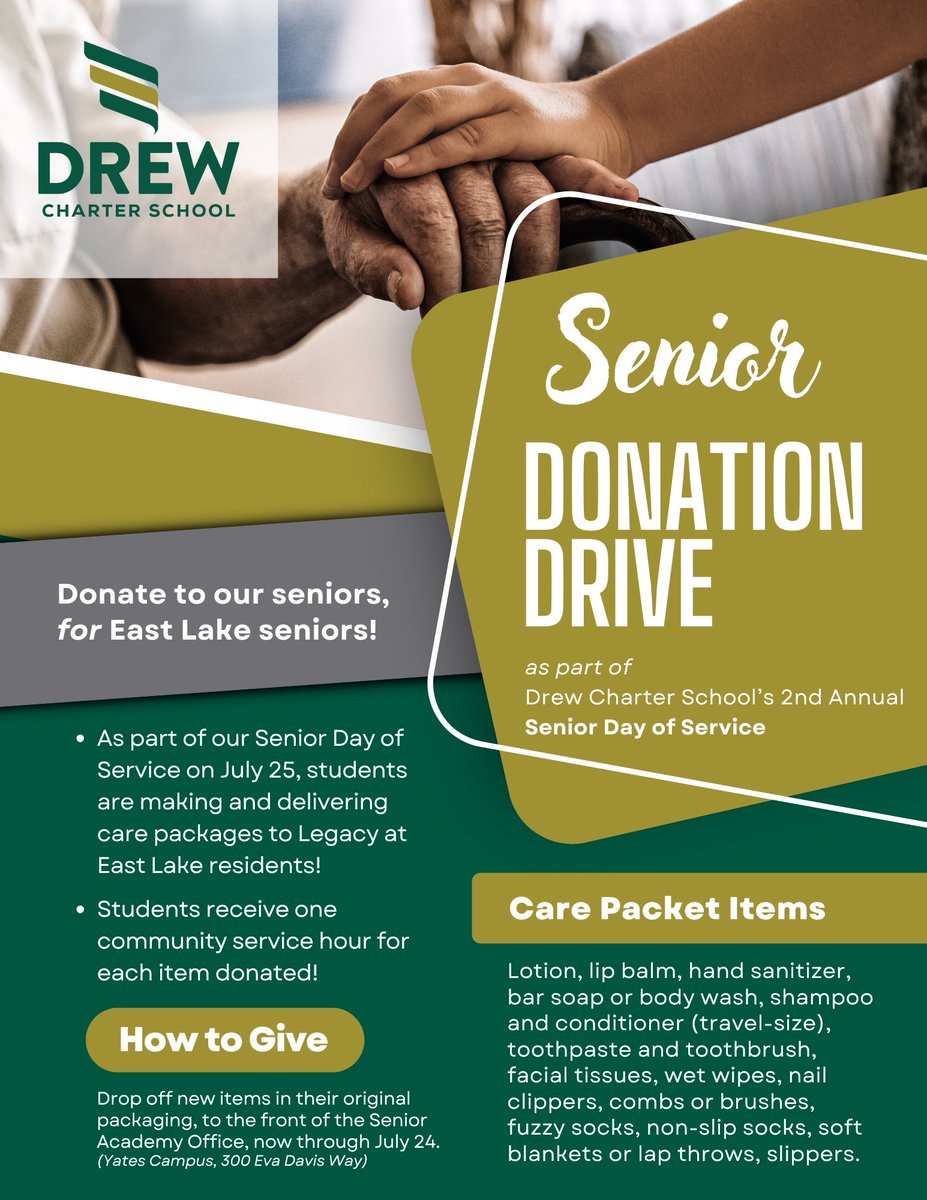 As part of our Senior Day of Service on July 25, students are making and delivering care packages to Legacy at East Lake residents! Please donate items to our Seniors for Seniors efforts if you're able!