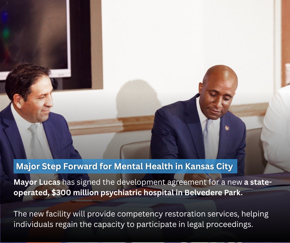 Mayor Lucas, City Manager Vasquez, University Health leadership, and state officials signed the development agreement for a new 300,000 sq ft psychiatric hospital at Belvidere Park. The Missouri Department of Mental Health facility will focus on competency restoration services.