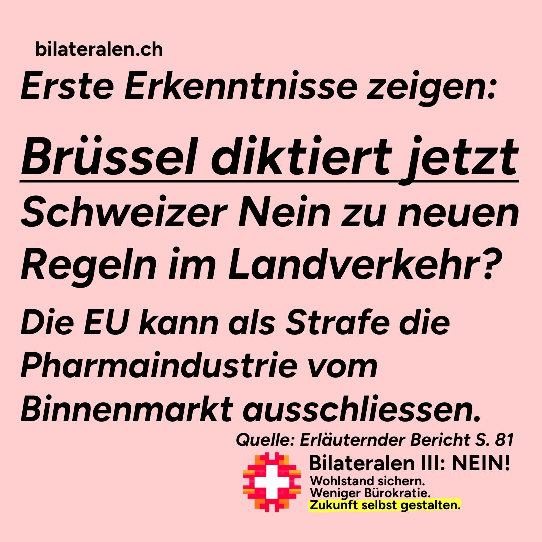 bilateralen's tweet image. Ignoriert die Schweiz EU-Vorschriften im Landverkehr, riskiert sie Sanktionen – z.B. den Ausschluss der Pharmabranche vom EU-Binnenmarkt. 😱 Brüssel könnte so Druck ausüben. 🤔
Ist das die versprochene Rechtssicherheit und Stabilisierung? 🤨