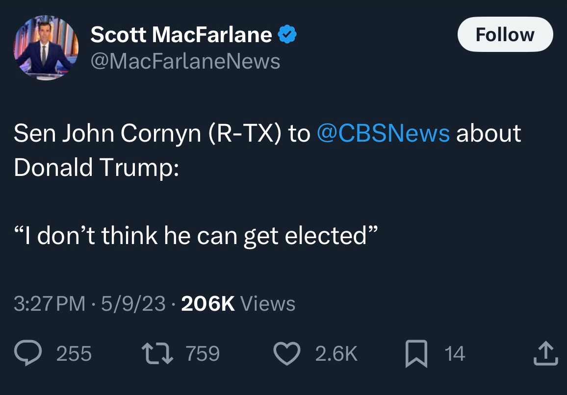 KenPaxtonTX's tweet image. John Cornyn is getting desperate, and everyone in DC knows it.
He's attacking me with the same arguments he used to try and take down President Trump, and he's just as wrong now as he was then.
