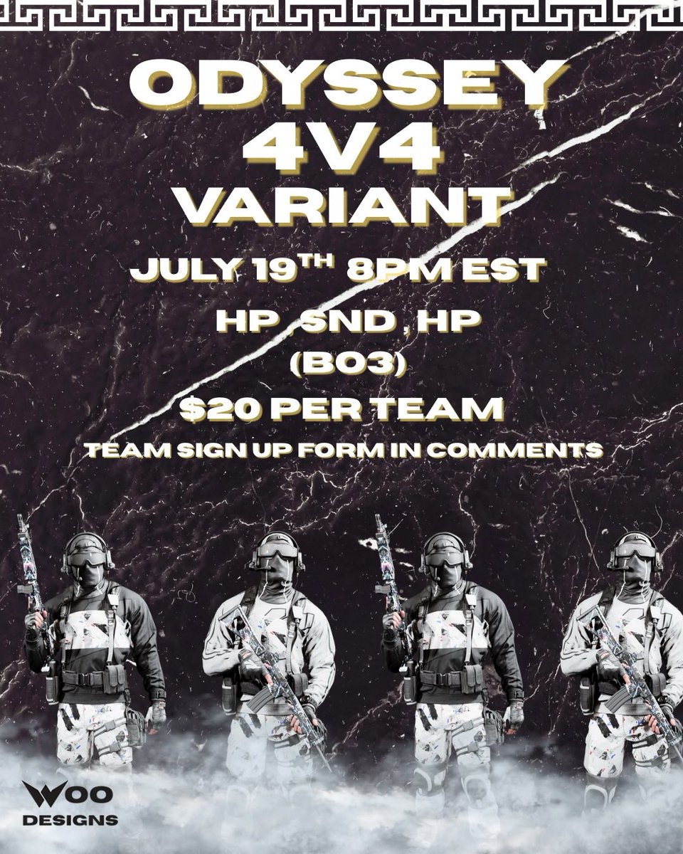 ⚔️ 4v4 ODY Variant Tourney ⚔️
- July 19th, 8 PM EST
- HP, SND, HP
- $20 entry fee per team

- Prize pool will adjust on amount of participants.

Entry form ⬇️
forms.gle/HJPVsi8DrJydLW…

Tourney Discord ⬇️
discord.gg/pF3saBjNMk