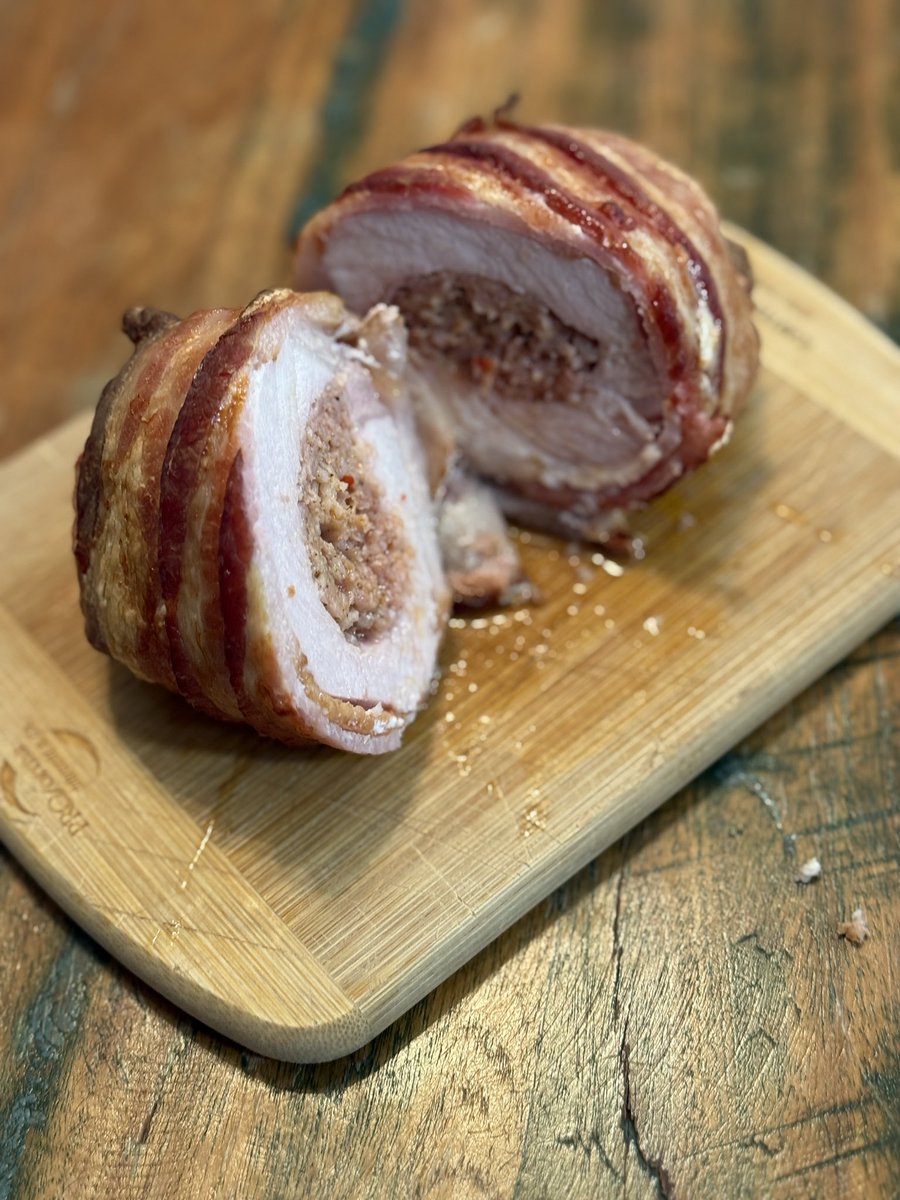 GodFadr's tweet image. Pork roll stuffed with sausage and wrapped in bacon. #DinnerOfChampions