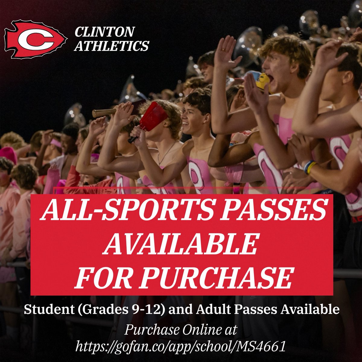 NOW AVAILABLE! The Clinton Athletics Department is offering all-sports passes for the 2025-26 athletic calendar for all regular-season home games. These passes may be purchased in-person at class schedule pickup tomorrow from 8:30 a.m. to 3:30 p.m. in the CHS Commons. 🧵 (1/2)