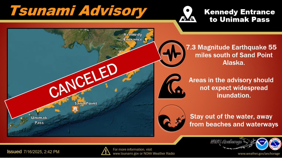 NWSAnchorage's tweet image. The Tsunami Advisory is canceled. Some areas may see small sea level changes from Kennedy Entrance to Unimak Pass.