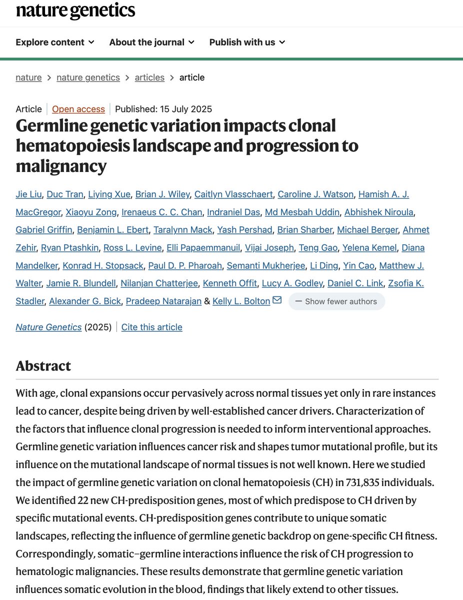Jie Liu (@jieliu09) on Twitter photo Clonal hematopoiesis (CH) is when blood cells carry mutations. It’s common with age—and sometimes a warning sign for cancer.
But not all CH is equal. Why do some people progress, and others don’t?
Check out <a href="/KellyLBolton/">Kelly Bolton MD PhD</a>’s excellent thread and our paper here <a href="/NatureGenet/">Nature Genetics</a> 👇 Clonal hematopoiesis (CH) is when blood cells carry mutations. It’s common with age—and sometimes a warning sign for cancer.
But not all CH is equal. Why do some people progress, and others don’t?
Check out <a href="/KellyLBolton/">Kelly Bolton MD PhD</a>’s excellent thread and our paper here <a href="/NatureGenet/">Nature Genetics</a> 👇