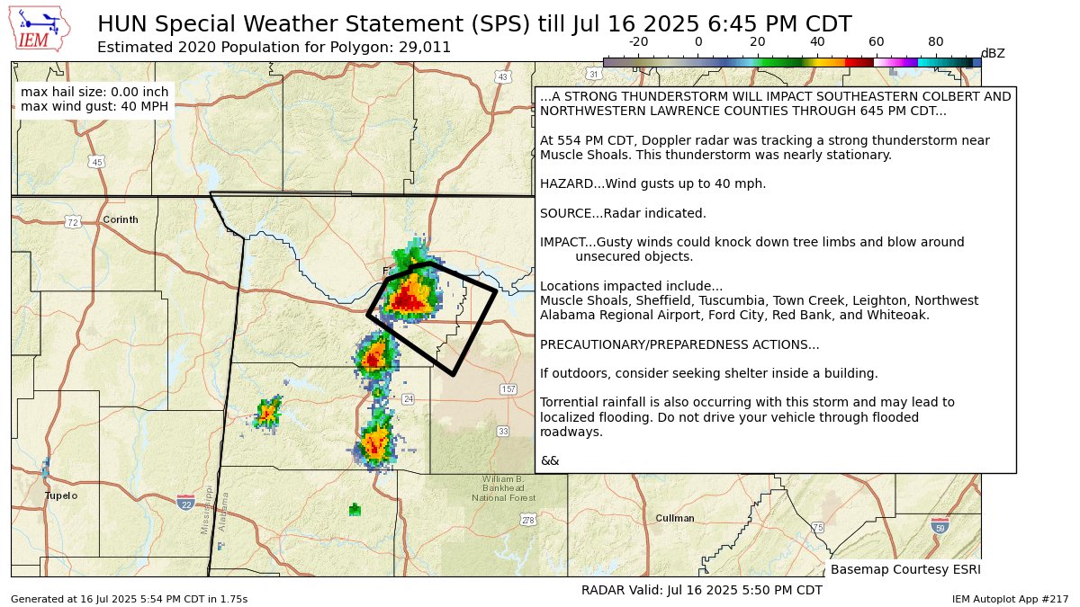 A STRONG THUNDERSTORM WILL IMPACT SOUTHEASTERN COLBERT AND NORTHWESTERN LAWRENCE COUNTIES THROUGH 645 PM CDT [wind: 40 MPH, hail: 0.00 IN] mesonet.agron.iastate.edu/p.php?pid=2025…