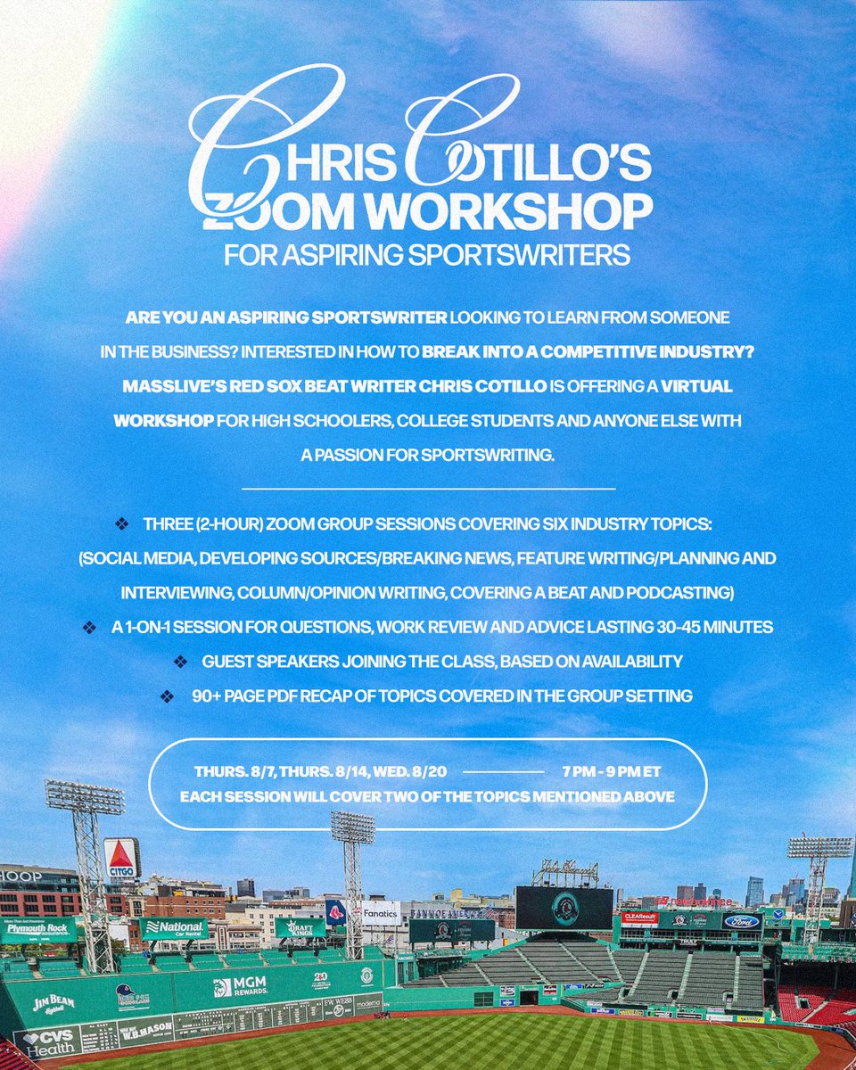 ChrisCotillo's tweet image. Just over three weeks to sign up for the August sportswriting workshop. Come learn from me: and guests like @BobSocci, @jonmorosi, @JeffPassan, @scottbraun, @ErikKratz31 and others who have joined the Zooms in recent months.
Email bychriscotillo@gmail.com for pricing/more.