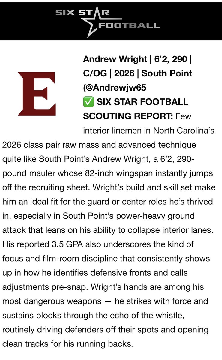 Andrewjw65's tweet image. Thank you @sixstarfootball for the great write up, really appreciate it and look forward to upcoming season!!! #FNL @Coach_Stad @TonyTrisciani @Hold_2017 @pepman704 @SPRecruiting @NPCoachJeff @CoachJLord1 @Coach_BCollins @HunterJolly1