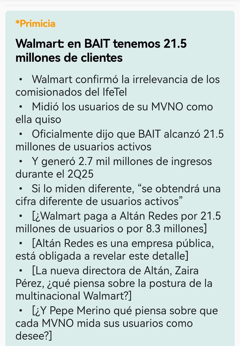 .#EXCLUSIVA 

La nueva autoridad sectorial, <a href="/WalmartMexico/">walmartmexico</a>, cambió la base p/comparar líneas activas.

La multinacional de retail decretó la irrelevancia de los comisionados del @IFT_Mx y contó las líneas preactivadas como líneas activas.

 ¿Qué dicen @Yvettezyps y @PPMerino?