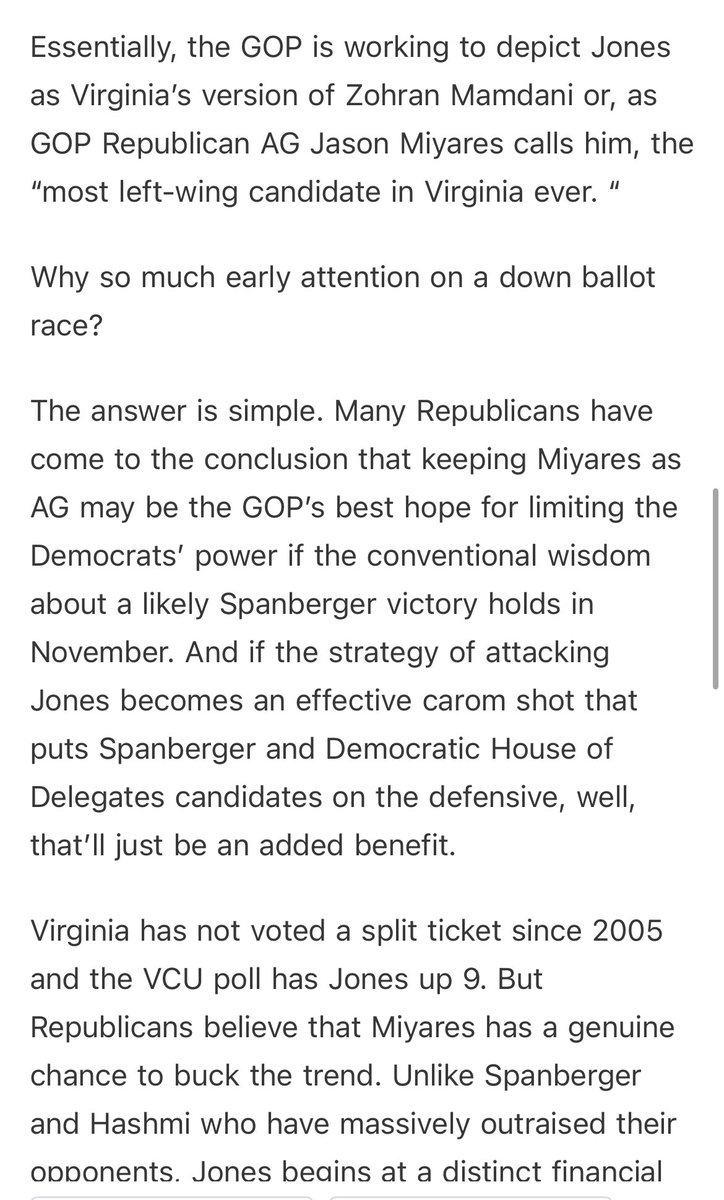 Jaaavis's tweet image. New analysis from @bobholsworth on the intense focus from Repubs on the AG race.
“If there has been a more important Attorney General election since Massive Resistance, you’ll have to convince me.”
open.substack.com/pub/bobholswor…