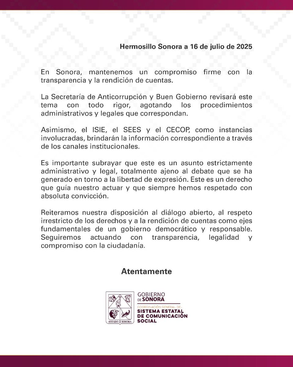 Sistema Estatal de Comunicación Social (@sistemacomsoc) on Twitter photo En el Gobierno de Sonora, mantenemos un compromiso firme con la transparencia y la rendición de cuentas.
<a href="/jorgegogdl/">Jorge Garcia Orozco</a> En el Gobierno de Sonora, mantenemos un compromiso firme con la transparencia y la rendición de cuentas.
<a href="/jorgegogdl/">Jorge Garcia Orozco</a>