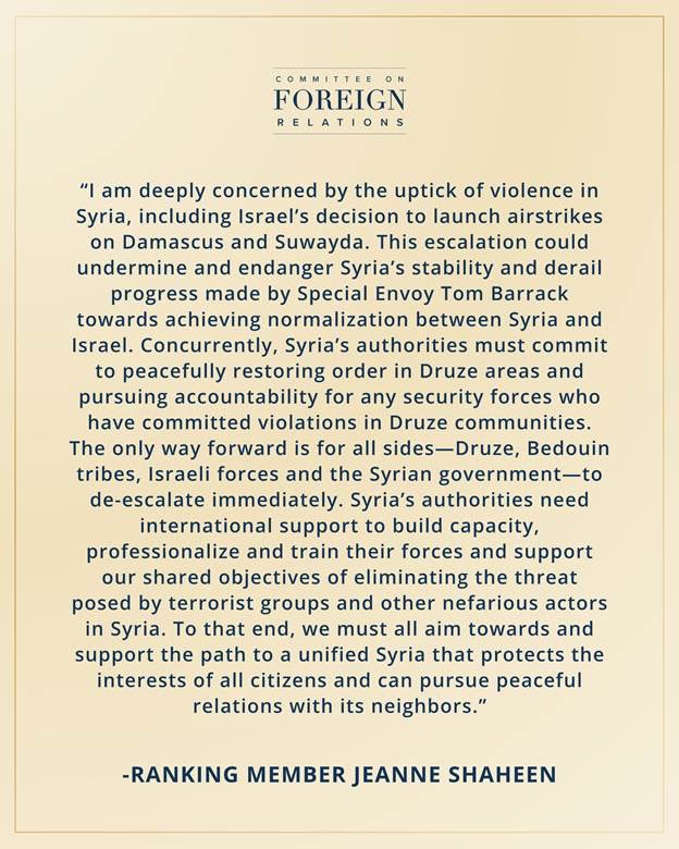 SFRCdems's tweet image. The recent escalation of violence in Syria "could undermine and endanger Syria's stability and derail progress made by @USAMBTurkiye," said @SenatorShaheen.
Read her full statement ⬇️