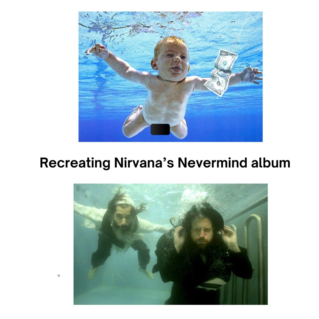 Nirvana's Nevermind album cover but Jewish. Alternative album caption, "Eh, forget it."