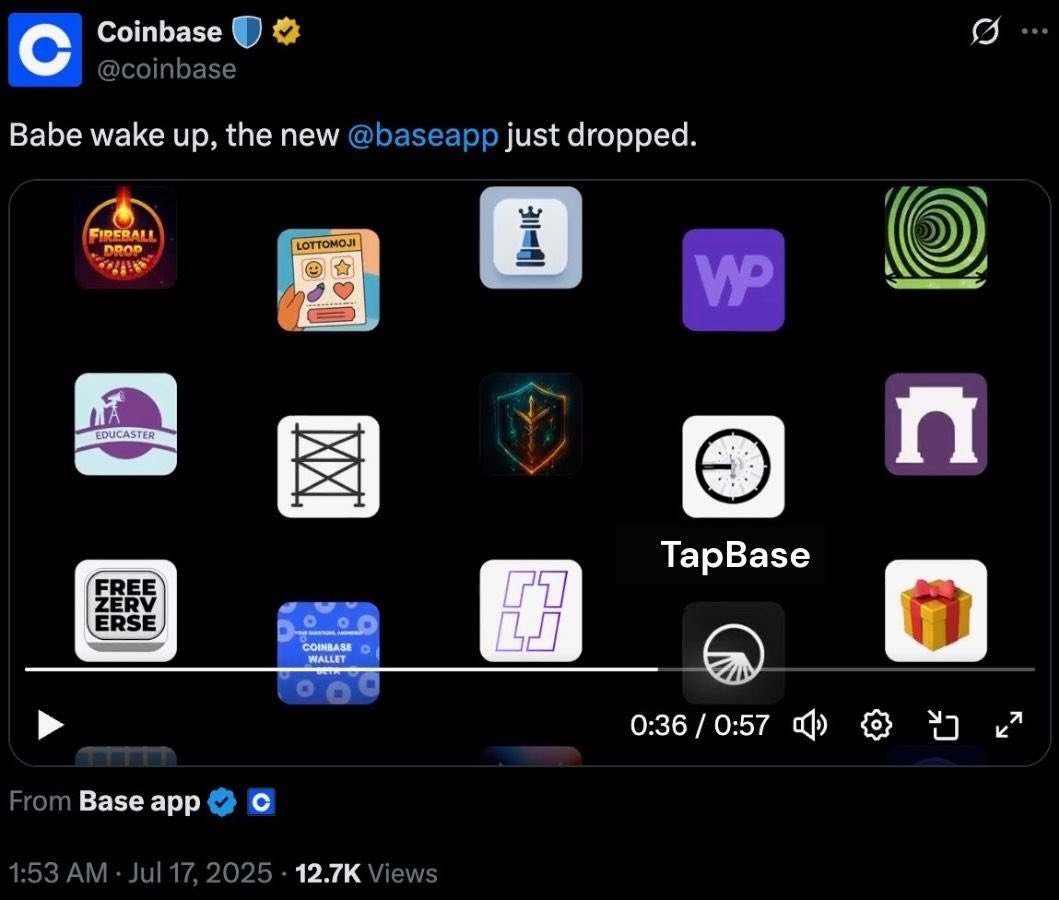 TapBase (@tapbaseapp) on Twitter photo Honored to see the TapBase logo featured in this official video from <a href="/coinbase/">Coinbase π‘οΈ</a> showcasing Mini Apps!
Big thanks to <a href="/coinbase/">Coinbase π‘οΈ</a>, <a href="/base/">Base</a> and <a href="/baseapp/">Base app</a> for supporting builders and shining a light on the future of Web3.
Letβs keep building π Honored to see the TapBase logo featured in this official video from <a href="/coinbase/">Coinbase π‘οΈ</a> showcasing Mini Apps!
Big thanks to <a href="/coinbase/">Coinbase π‘οΈ</a>, <a href="/base/">Base</a> and <a href="/baseapp/">Base app</a> for supporting builders and shining a light on the future of Web3.
Letβs keep building π