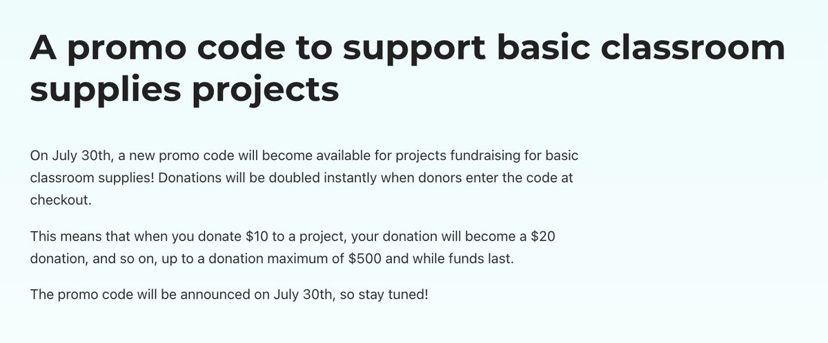 Teachers: Mark your calendars. Jul 30, 2025 a new promo code will drop that will match up to $500/donor.
help.donorschoose.org/hc/en-us/artic…