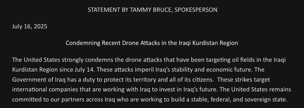 jhaboush's tweet image. State Department calls on Iraq govt to protect its territory and all of its citizens after consecutive days of drone attack on oil fields in Iraqi Kurdistan region