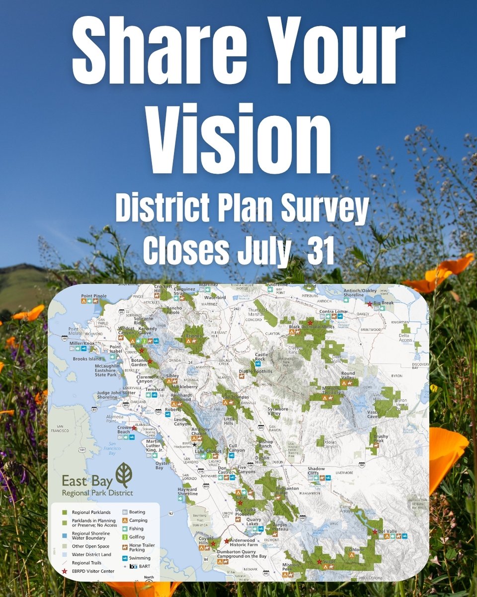 EBRPD's tweet image. ✨🔊🔮Voice your vision for the Park District's future! 🔮🔊✨ Survey closes on July 31. Share your opinions on how the Park District should balance preservation and recreation, how to make Regional Parks more welcoming and accessible, and more. Visit ebparks.org/district-plan.