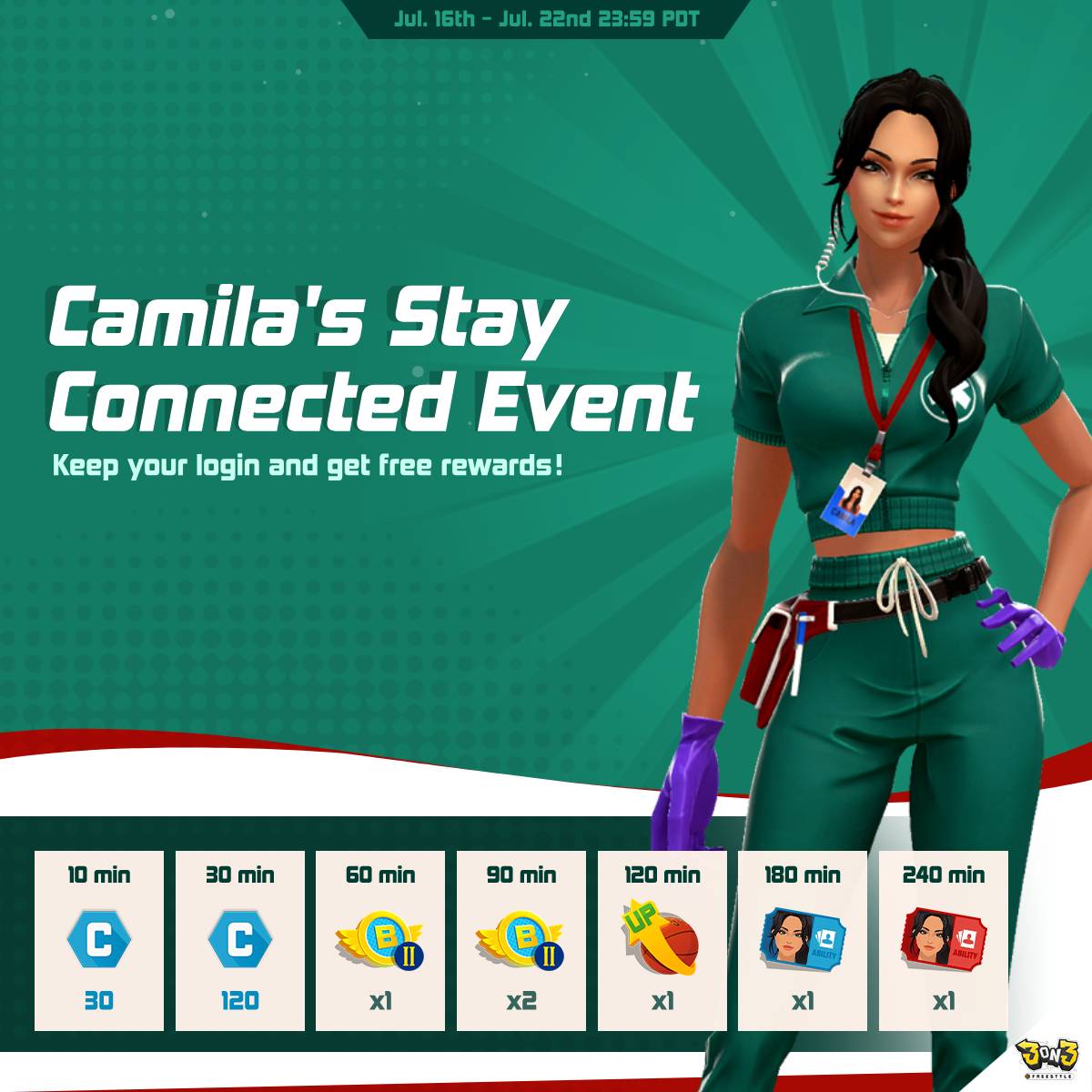 3on3FreeStyle's tweet image. Camila’s giving out exclusive gifts! Log in daily from July 16 to July 22 (PDT) and grab your free Camila Box Tickets during her Boost Login Bonus event!
#3on3Freestyle #StreetBasketball #videogame