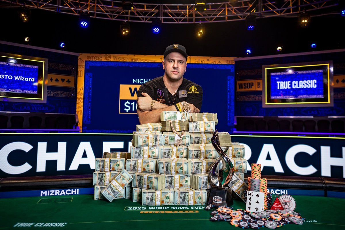 Congratulations to our 2025 WSOP Main Event winner and newest Poker HOF member, Michael Mizrachi aka <a href="/TheGrinder44/">Michael Mizrachi - The Grinder</a>! 

Michael wins the beautiful bracelet from <a href="/Jostens/">Jostens</a> and the $10,000,000 top prize! 

Congrats Grinder!

#WSOP2025