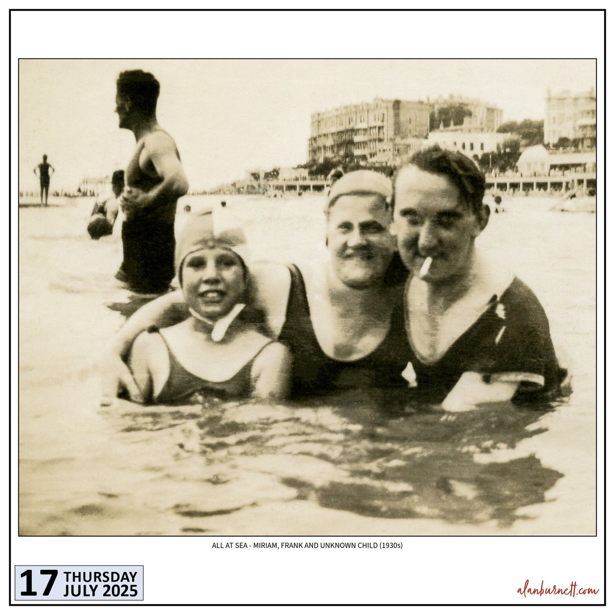 ABFixby's tweet image. A photo of my Aunty Miriam and Uncle Frank (how can you go swimming in the sea while smoking a cigarette?) and some unknown child. There's a Georges Seurat feel about the scene, and it perfectly illustrates how random old photographs can become works of art in their own right.