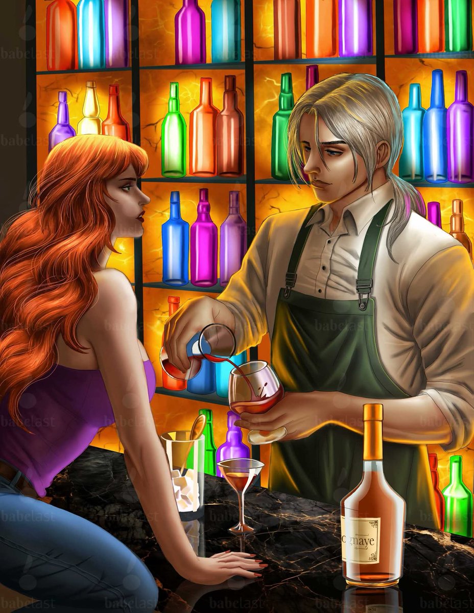 B4belast's tweet image. Scene: Late evening. The bar is dim, glowing with warm amber lights. Soft music hums in the background. The bartender, with striking white shoulder-length hair, pours a glass of red wine.
Scene taken from one of the book by author Ryan Mayfield. #commissionsopen