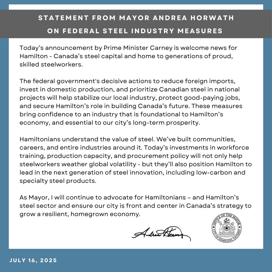 AndreaHorwath's tweet image. #HamOnt
Statement from Mayor Horwath on Federal Steel Industry Measures: