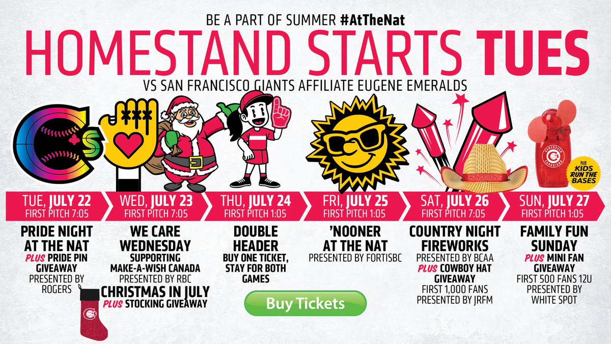 vancanadians's tweet image. There’s something special every game next week #AtTheNat
🌈 Pride Night
🎅 RBC WCW & Christmas in July
✌️ Single admission double-header Thursday
🔥 FortisBC Friday ‘Nooner
🎆 Country Night Fireworks
👨👩👧👦 White Spot Family Fun Sunday
Get tickets now at canadiansbaseball.com!