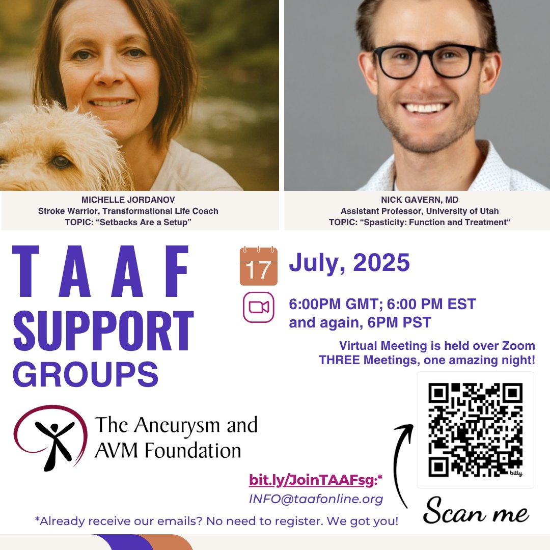 Support, connection &amp; guest speakers in 3 time zones: 🌍 6PM GMT | 🗽 6PM EST | 🌉 6PM PST Topics: Resilience &amp; Spasticity Treatment. Must be a registered member (no need to re-register if you already are). taafonline.org/Support-Groups
#BrainAneurysmSupport #AVMSupport #StrokeSupport