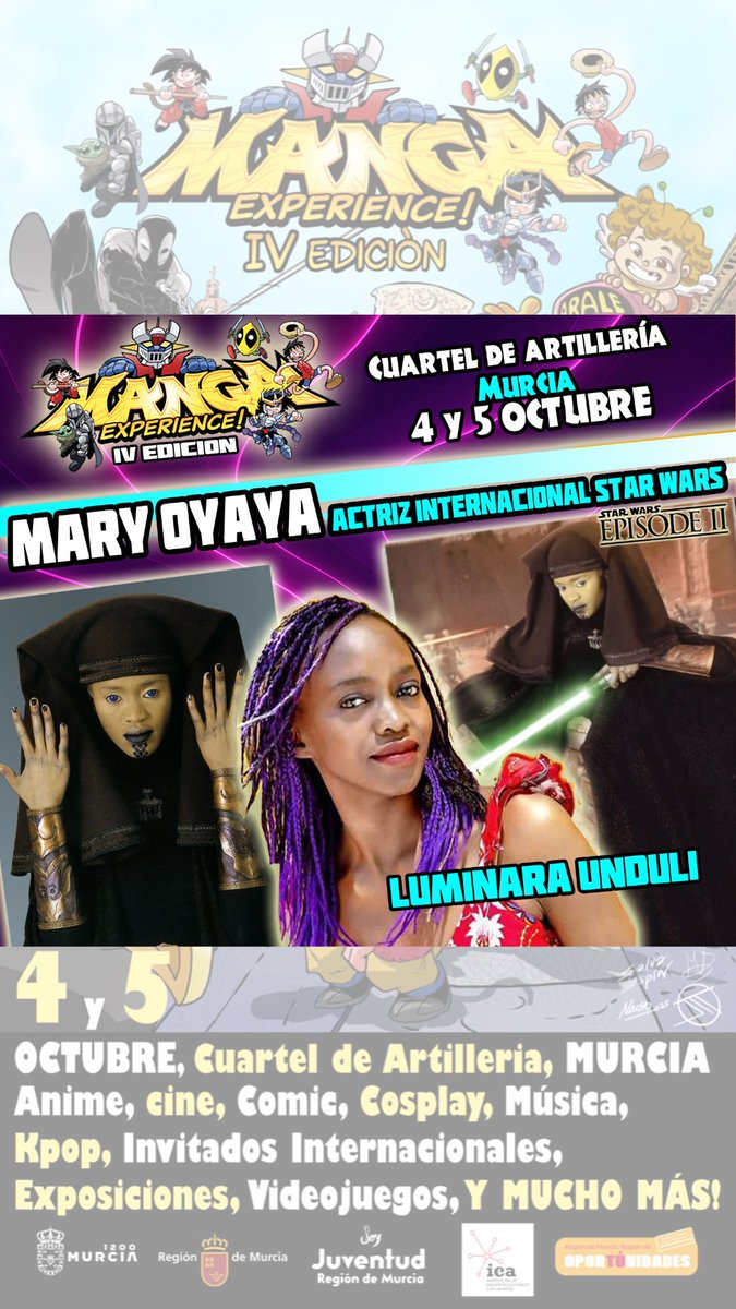 4 y 5 OCT 2025 • Cuartel de Artillería, Murcia
maestra jedi en Murcia
MARY OYAYA, la poderosa Luminara Unduli de Star Wars, llega a #MangaExperienceMurcia.
Una mujer sabia, elegante y legendaria.
Escucha su historia.
Vive tu propia saga.
🎟 Entradas: linktr.ee/mangaexperienc…