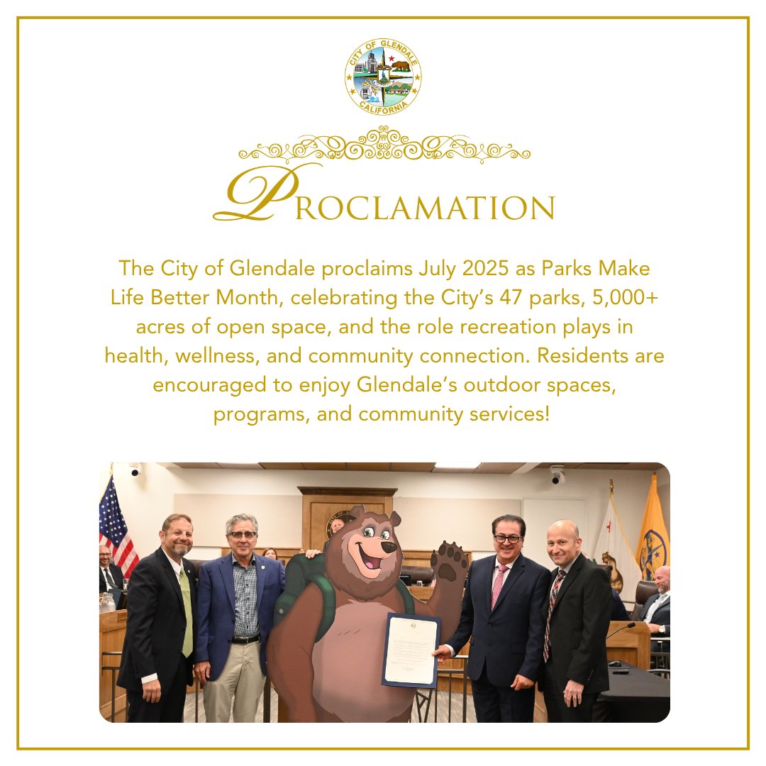 MyGlendale's tweet image. The City of Glendale proclaims July 2025 as Parks Make Life Better Month, celebrating the City’s 47 parks, 5,000+ acres of open space, and the role recreation plays in health, wellness, and community connection.