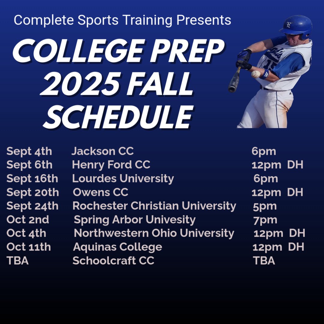 Complete Sports Training (@completesport10) on Twitter photo Our fall ball schedule is set, only 6 roster spots left. Please contact us if you are a ‘26 or ‘27 grad and interested in playing college baseball. #uncommitted #juco <a href="/Jacob_Walther14/">Jacob Walther</a> Our fall ball schedule is set, only 6 roster spots left. Please contact us if you are a ‘26 or ‘27 grad and interested in playing college baseball. #uncommitted #juco <a href="/Jacob_Walther14/">Jacob Walther</a>