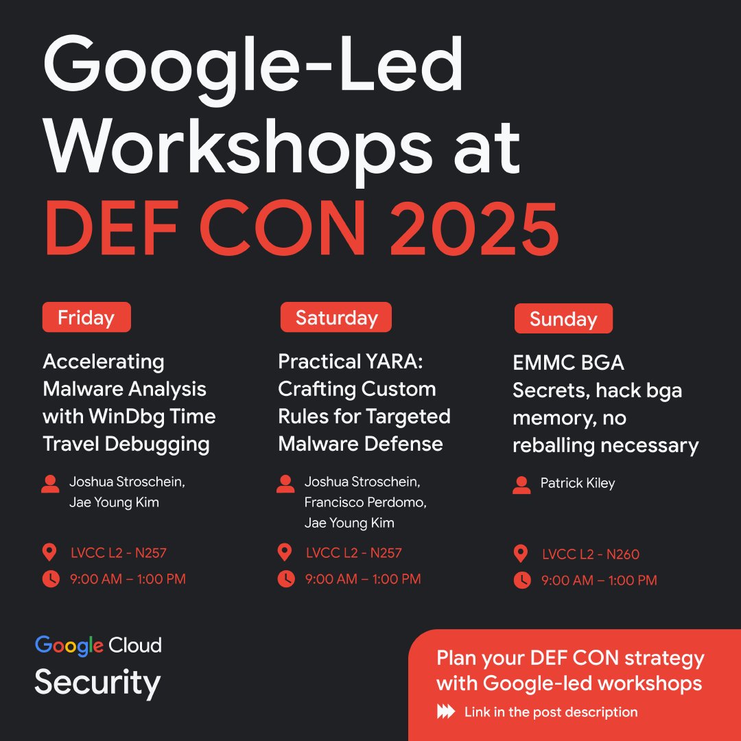 GoogleCloudSec's tweet image. Level up at #DEFCON with Google and @Mandiant.

⬇️ Pick your workshop and learn more: goo.gle/469yGbn