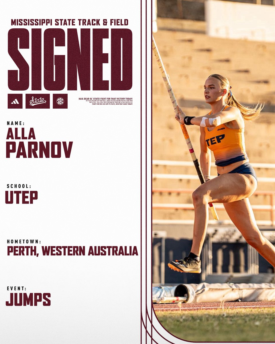 HailStateTF's tweet image. Our newest signee is Alla Parnov‼️
The 2025 Conference USA Outdoor Pole Vault Champion has decided to call 𝐒𝐓𝐀𝐑𝐊𝐕𝐄𝐆𝐀𝐒 home🔥
#HailState🐶