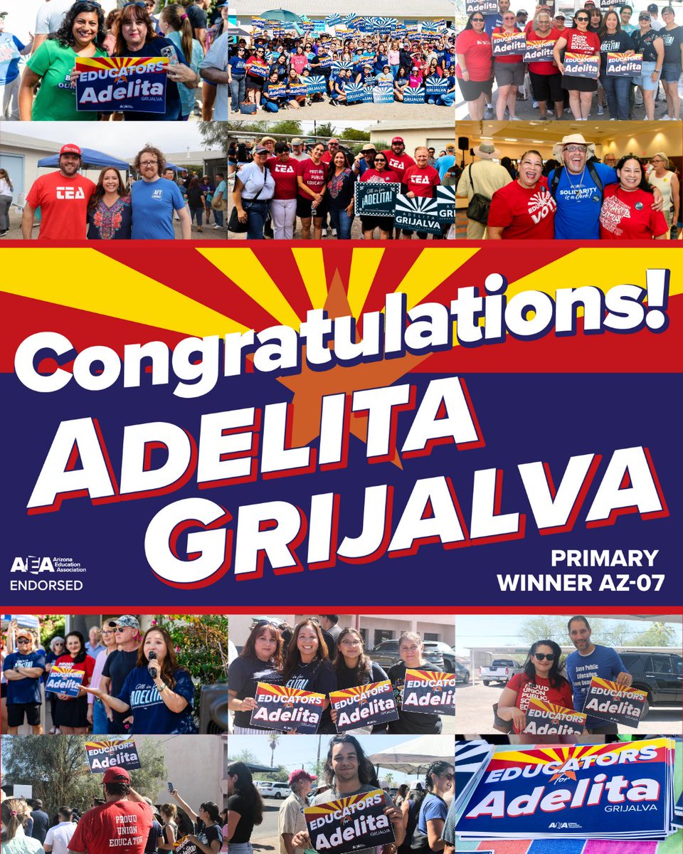 Arizona Education Association 🍎🏫 (@arizonaea) on Twitter photo Arizona educators are proud to congratulate <a href="/AdelitaForAZ/">Adelita Grijalva</a> on her primary win in the special election for #AZ07!
Adelita is a public school mom who knows that our future depends on fully-funded schools. We’re excited to work with her to protect & deepen investments in public ed. Arizona educators are proud to congratulate <a href="/AdelitaForAZ/">Adelita Grijalva</a> on her primary win in the special election for #AZ07!
Adelita is a public school mom who knows that our future depends on fully-funded schools. We’re excited to work with her to protect & deepen investments in public ed.