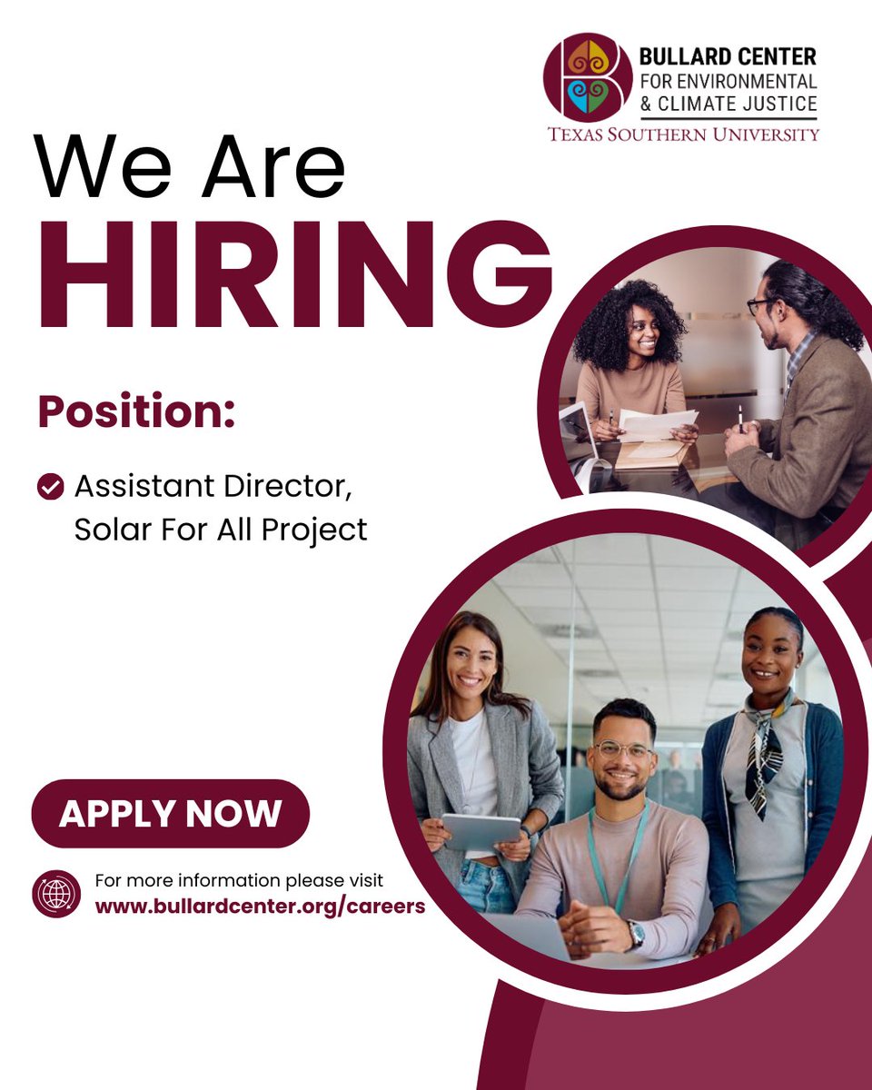 BullardCenter's tweet image. The Bullard Center is hiring an Assistant Director for the Solar For All Project.
Help lead solar, workforce, and community engagement efforts across EPA Regions III, IV, and VI.
Apply now: bullardcenter.org/careers
#SolarForAll #NowHiring #ClimateJustice #BullardCenter…