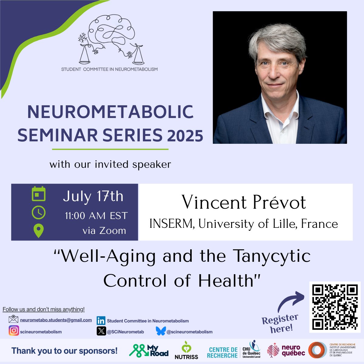 Student Committee in Neurometabolism (@scineurometab) on Twitter photo Curious about how metabolism intersects with brain aging?🧠Join us this Thursday, July 17th at 11:00 AM (EST)!
✨We’re honoured to host Dr. Vincent Prévot, from <a href="/NeuroendoLille/">Lille Neuroendocrinology</a> to talk about “Well-Aging and the Tanycytic Control of Health”
Register here forms.gle/jAGaB4aWrujR1b… Curious about how metabolism intersects with brain aging?🧠Join us this Thursday, July 17th at 11:00 AM (EST)!
✨We’re honoured to host Dr. Vincent Prévot, from <a href="/NeuroendoLille/">Lille Neuroendocrinology</a> to talk about “Well-Aging and the Tanycytic Control of Health”
Register here forms.gle/jAGaB4aWrujR1b…