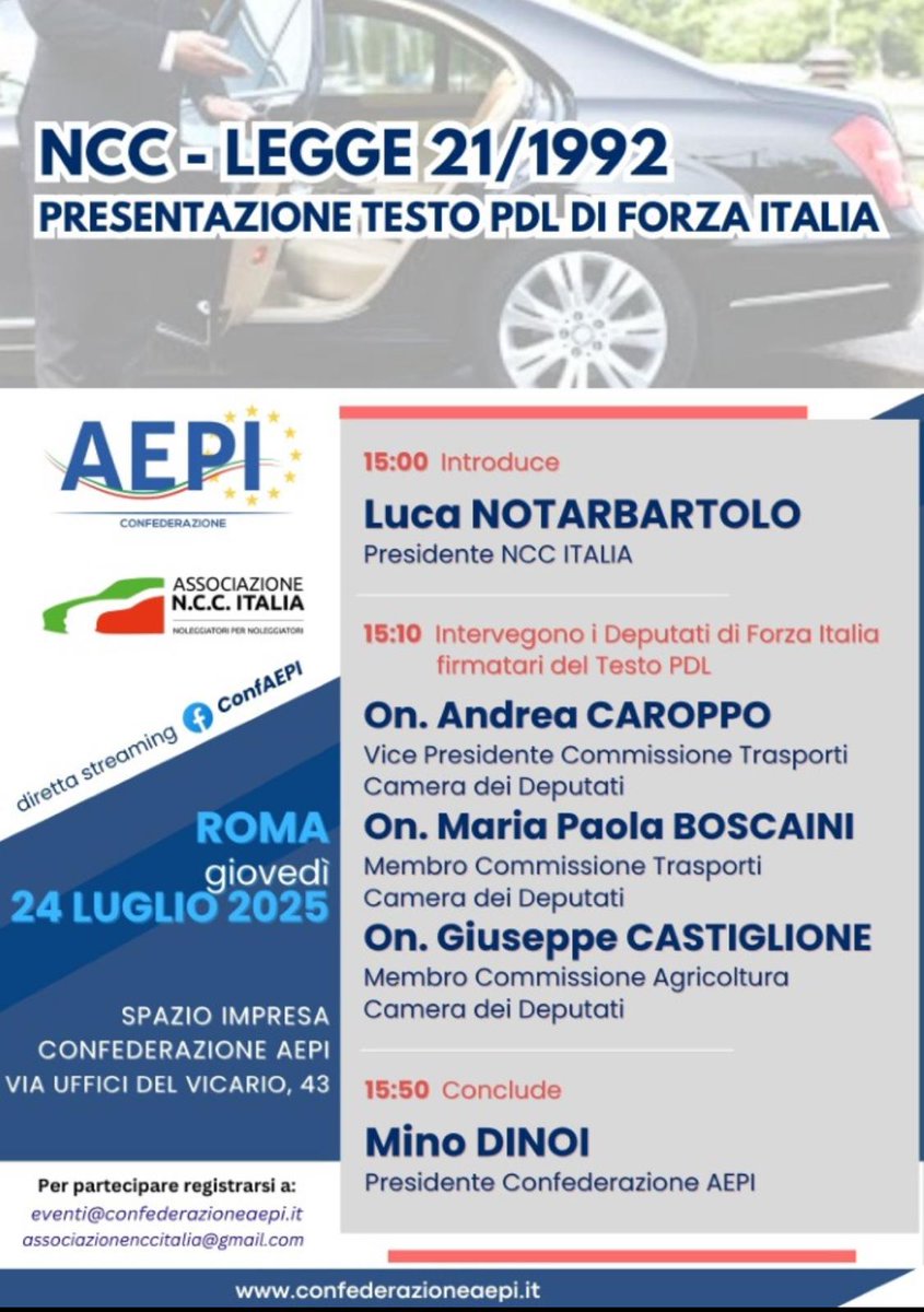 Presentazione Testo Pdl di Forza Italia 
NCC - Legge 21/1992

24 luglio 2025 📌