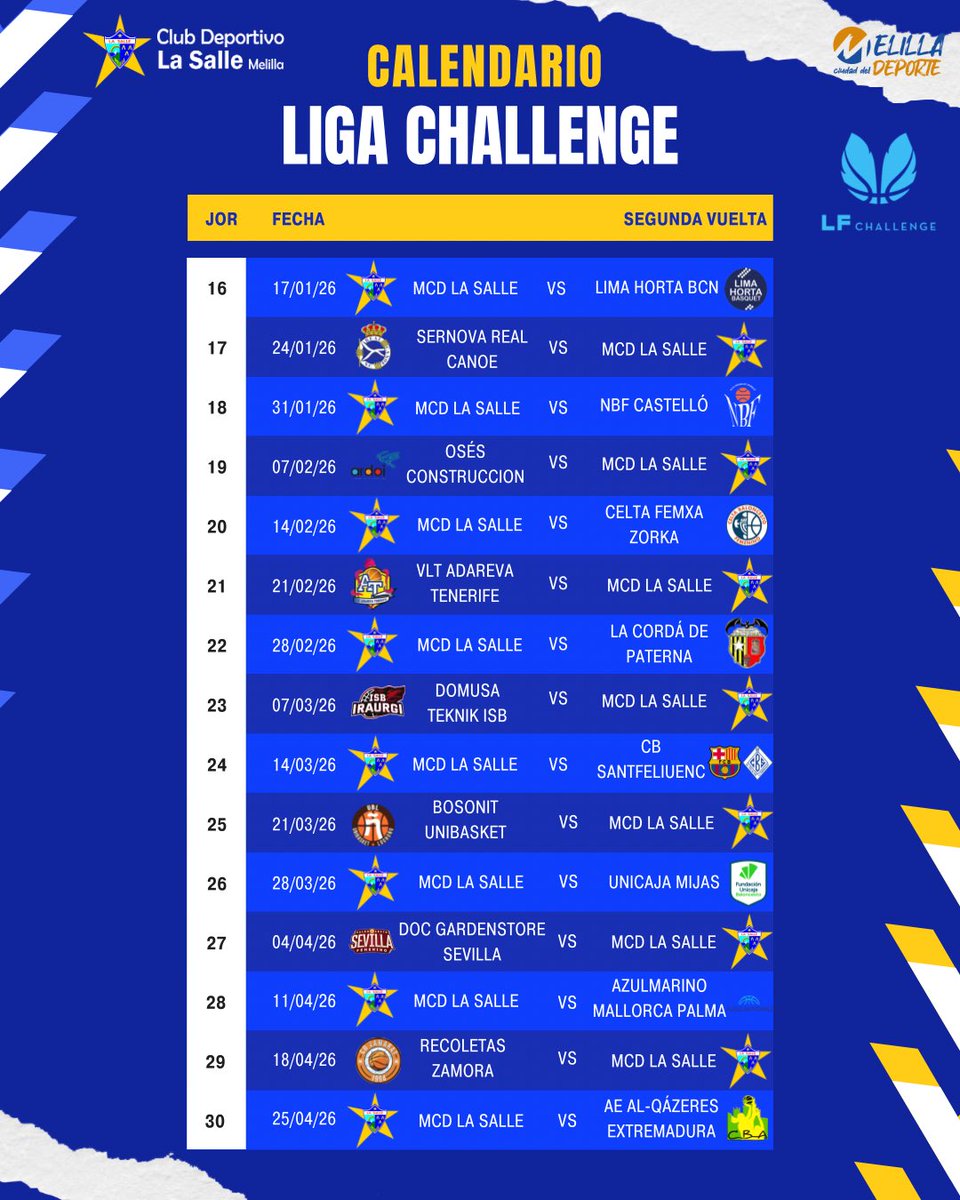 🏀📅 ¡Ya tenemos CALENDARIO!
MCD La Salle ya conoce sus rivales y fechas para la temporada 2025/26 en Liga Challenge 🔥

Este año vamos con todo, y te queremos con nosotras en cada partido 💙💛