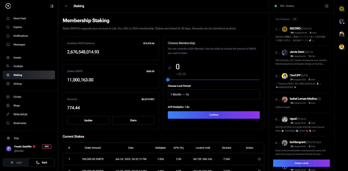 snipverse's tweet image. Staking your SNIPS unlocks real utility.
Here’s what you get when you stake:
- Upgrade Your Membership:
Access exclusive tiers: Lite, PRO, ADV, CEN Each tier unlocks more features and privileges. The more you stake, the more powerful your membership becomes.
- Monetize Your…