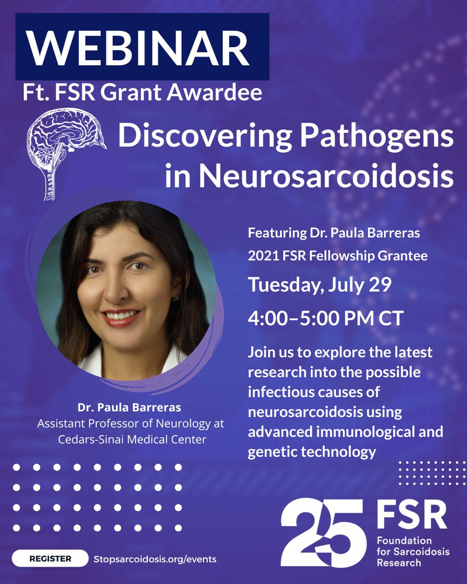 What role do infectious pathogens play in neurosarcoidosis?
Don’t miss this opportunity to hear from one of the leading voices in neuroimmunology.
Register now: loom.ly/Ev2vjPw
#Sarcoidosis #Neurosarcoidosis #RareDiseaseResearch #FSRResearch